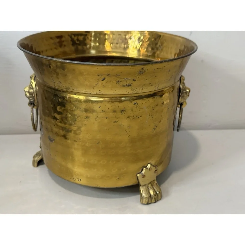Vintage Brass Lion Head Planter Hollywood Regency Footed Cachepot Plant Pot 7